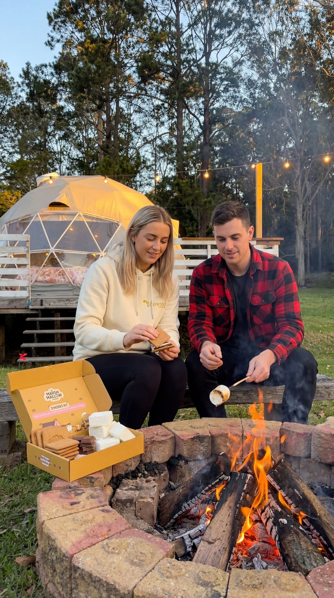 S'mores and campfire scene at Unwind Escapes glamping